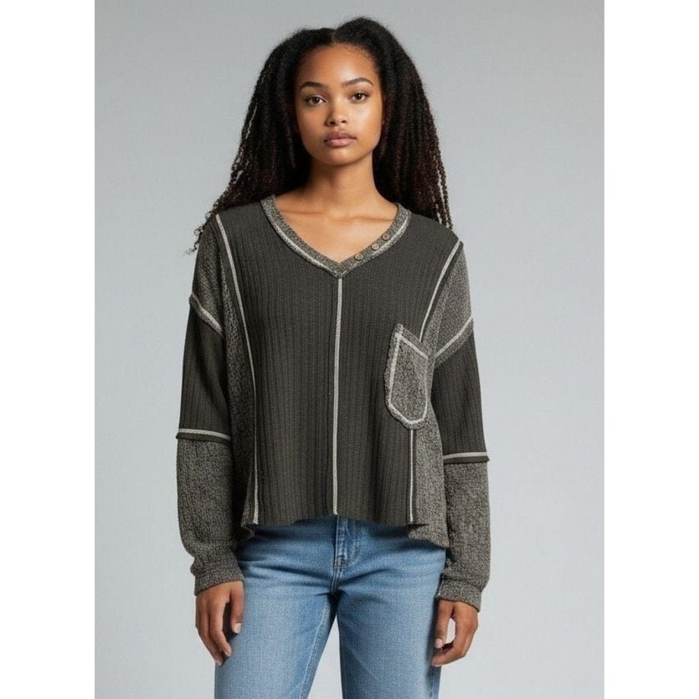 POL Contrast Stitched Thermal Knit V-Neck Top YKT1753 Small